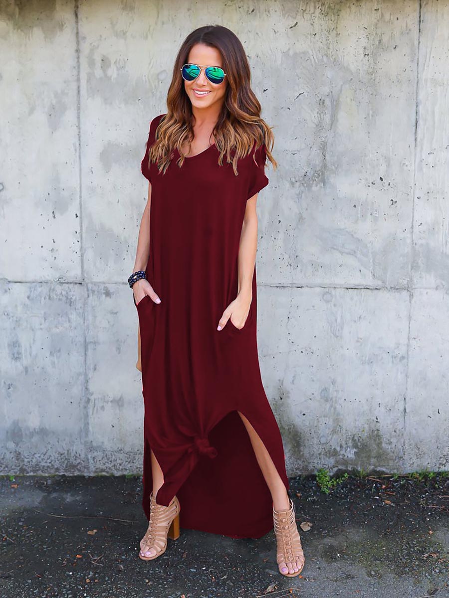 Stunncal V-Neck Pocket Split Dress(8 colors)