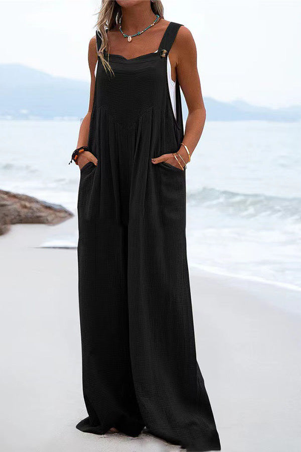 Stunncal Ethnic Button Suspender Wide Leg Line Jumpsuit