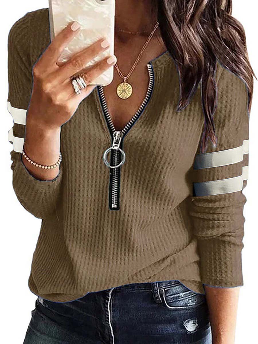 Stunncal V-Neck Zipper Splicing Long Sleeve T-shirt(6 colors)
