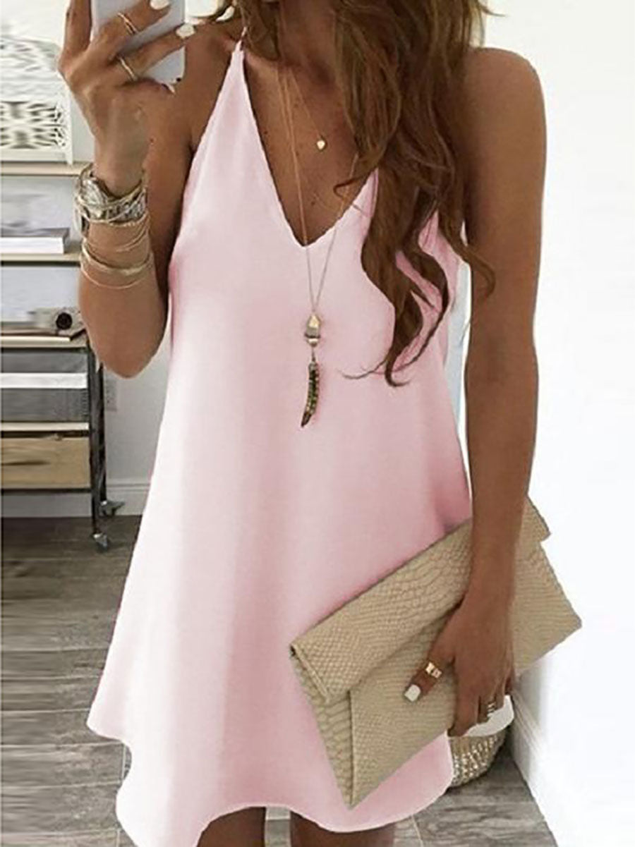 Stunncal Solid V Neck Sleeveless Mini Dress