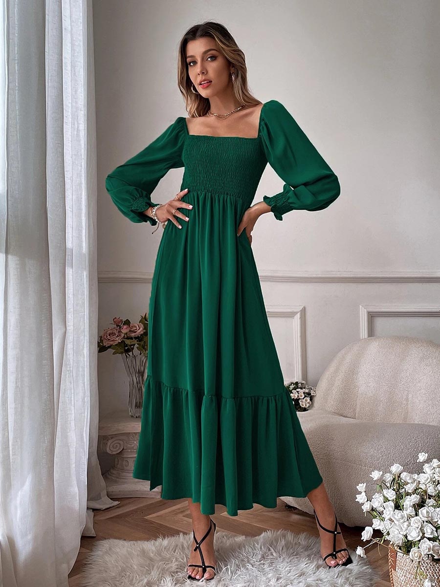 Stunncal Square Neck Long Sleeve Ruffle High Waist Dress (5 colors)
