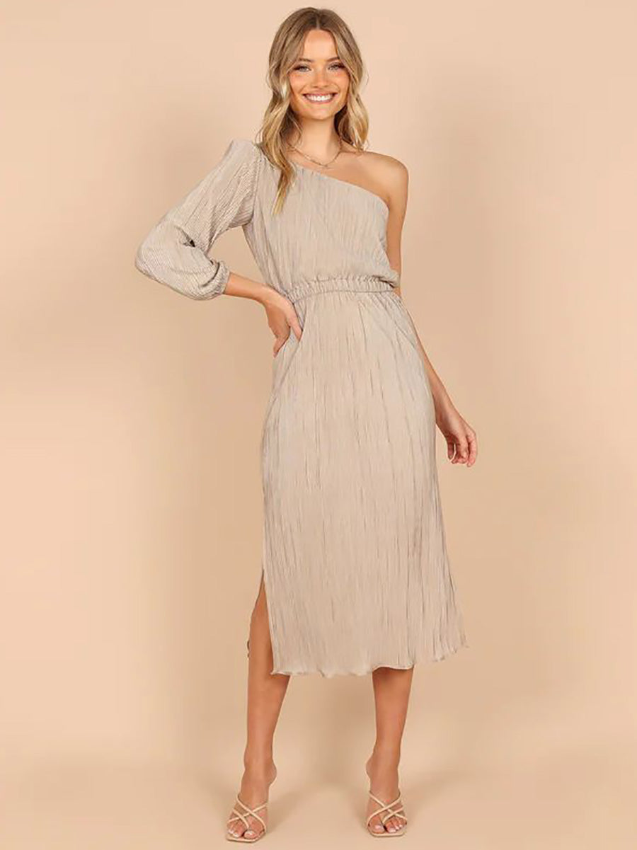 Stunncal One-Shoulder Slash Neck Solid Color Party Dress(3 Colors)