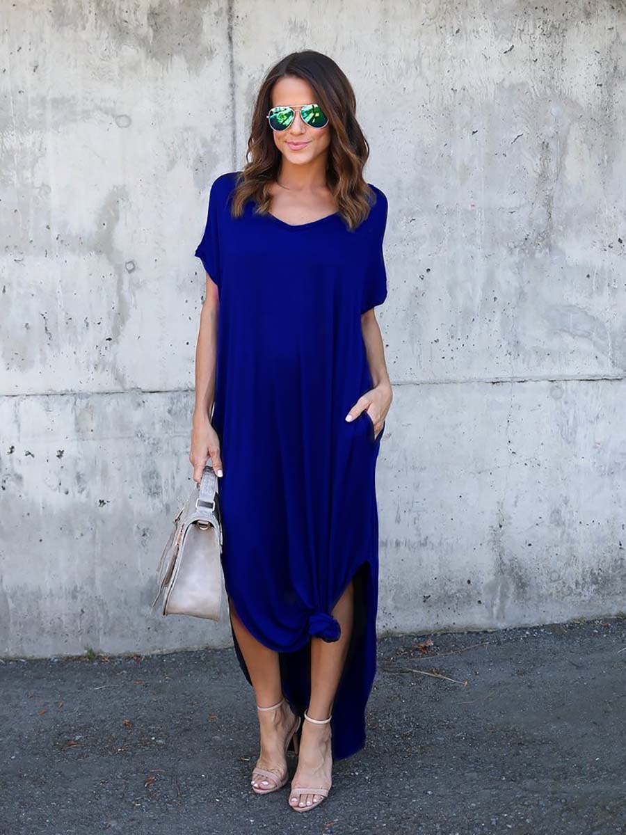 Stunncal V-Neck Pocket Split Dress(8 colors)