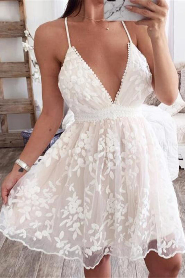 Stunncal V-Neck Lace Embroidered White Dress