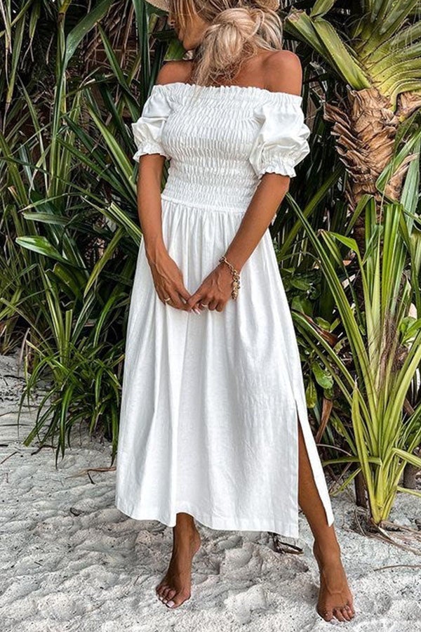 Stunncal Forever After All Smocked Off Shoulder Slit Dress