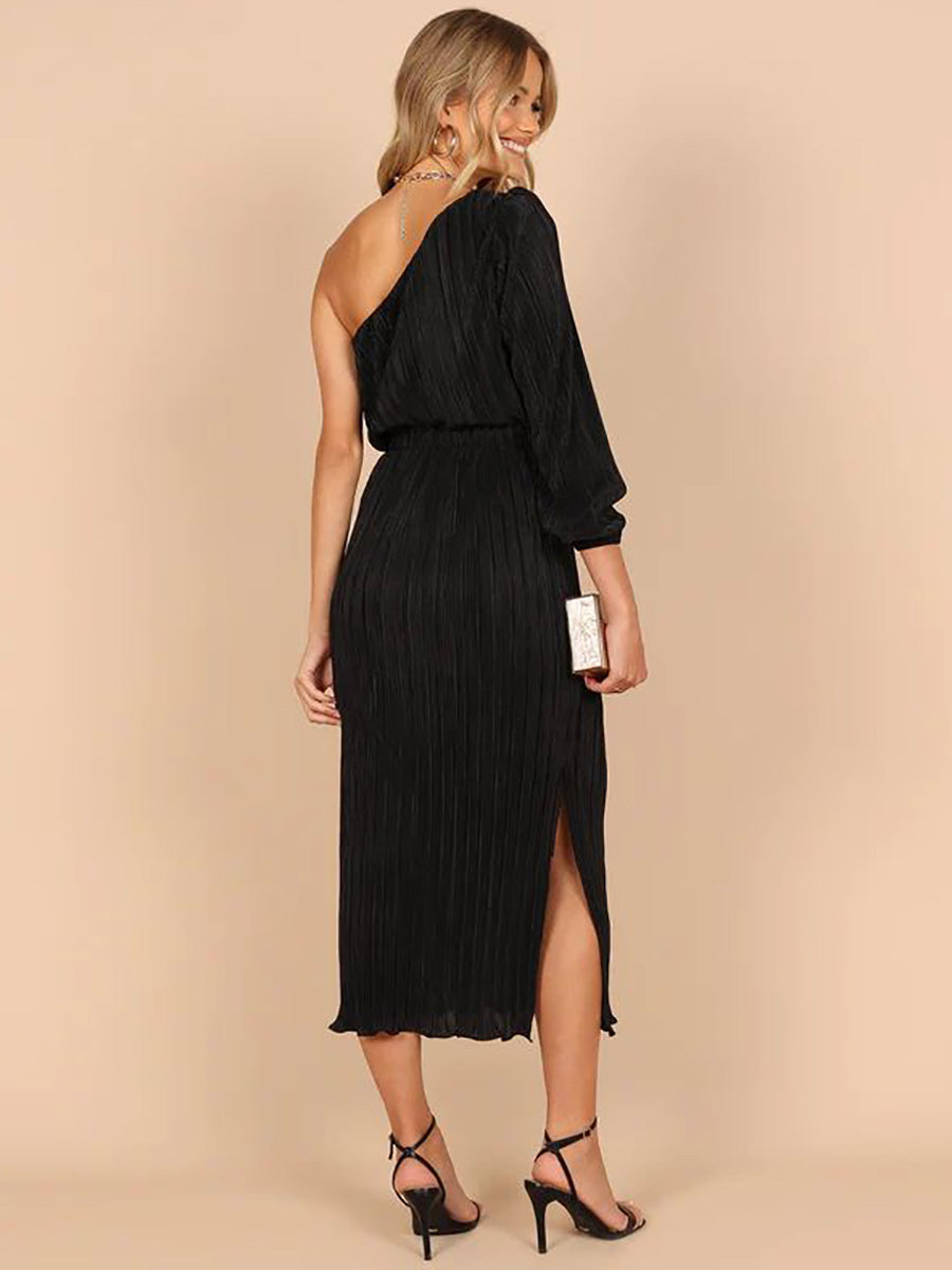 Stunncal One-Shoulder Slash Neck Solid Color Party Dress(3 Colors)