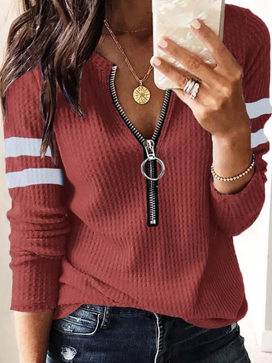Stunncal V-Neck Zipper Splicing Long Sleeve T-shirt(6 colors)