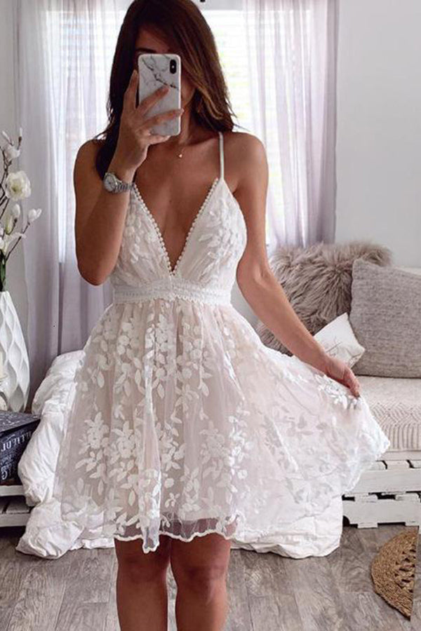 Stunncal V-Neck Lace Embroidered White Dress