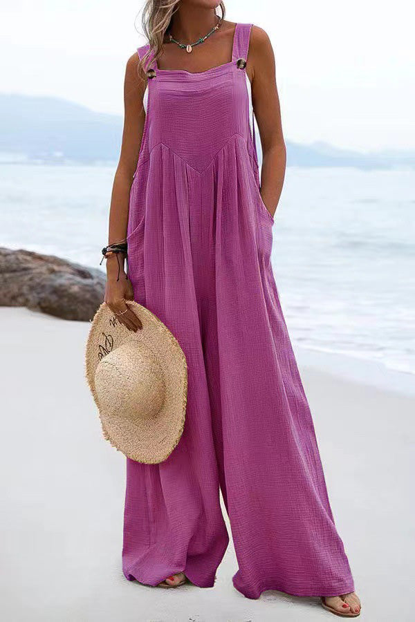 Stunncal Ethnic Button Suspender Wide Leg Line Jumpsuit