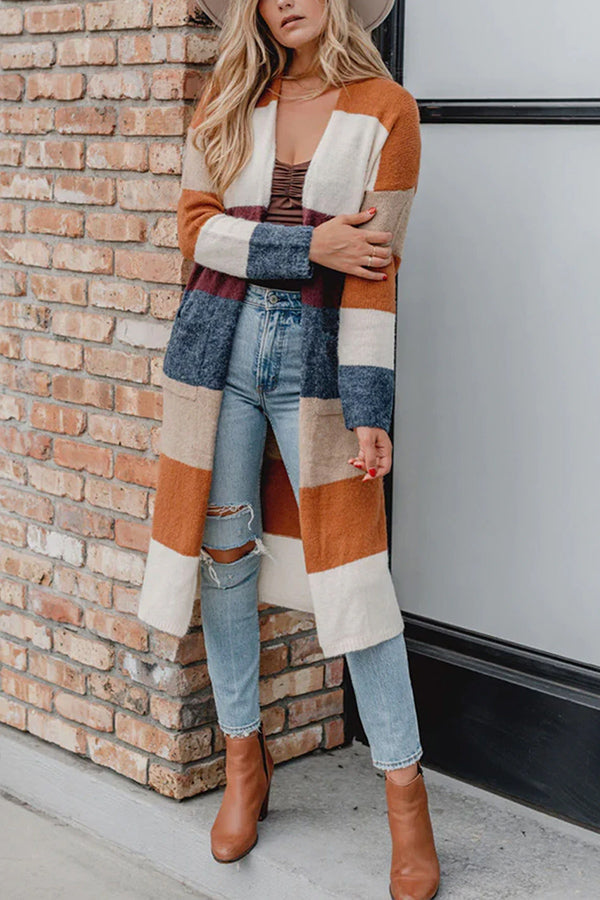 Stunncal Multicolor Knitted Color Block Open Front Long Cardigan