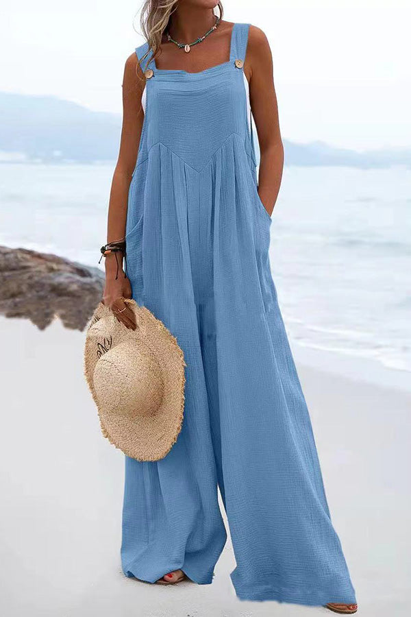 Stunncal Ethnic Button Suspender Wide Leg Line Jumpsuit