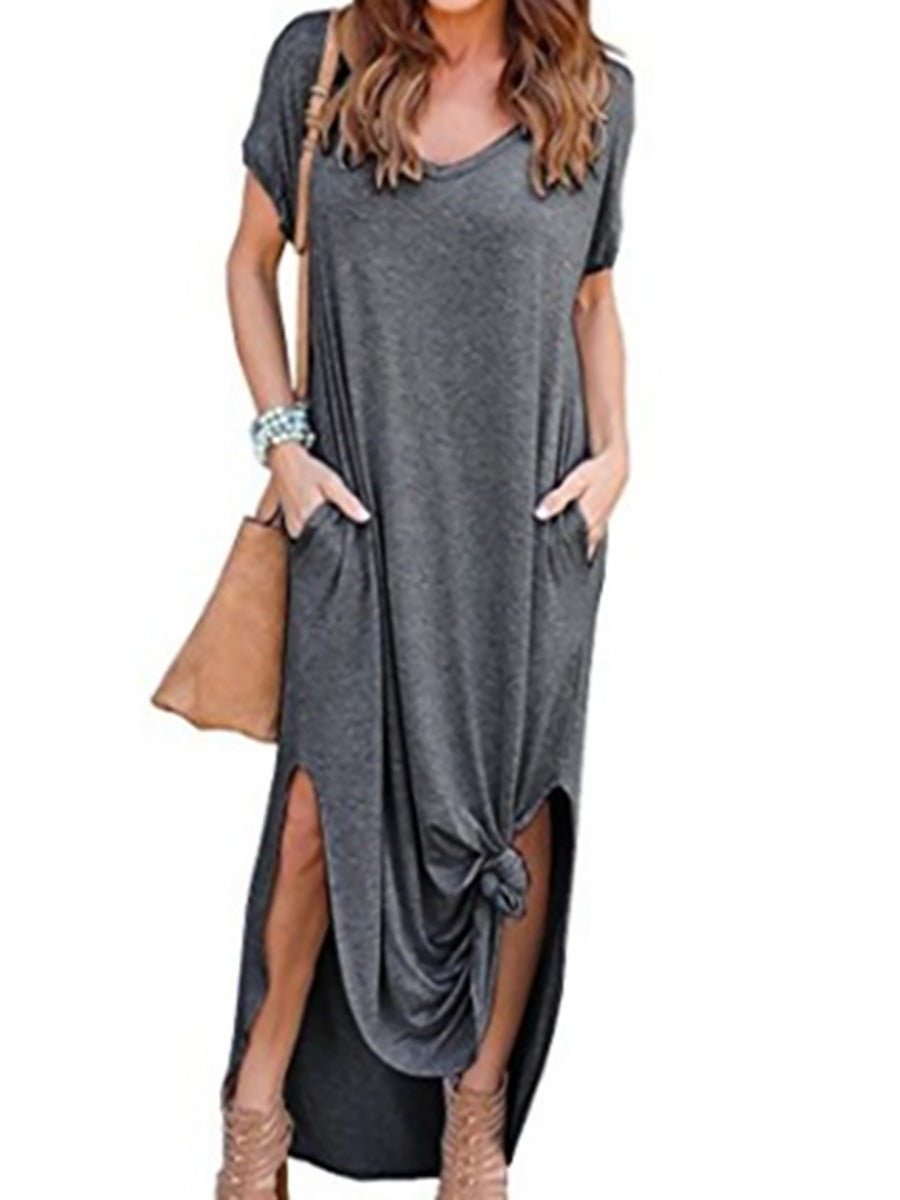 Stunncal V-Neck Pocket Split Dress(8 colors)