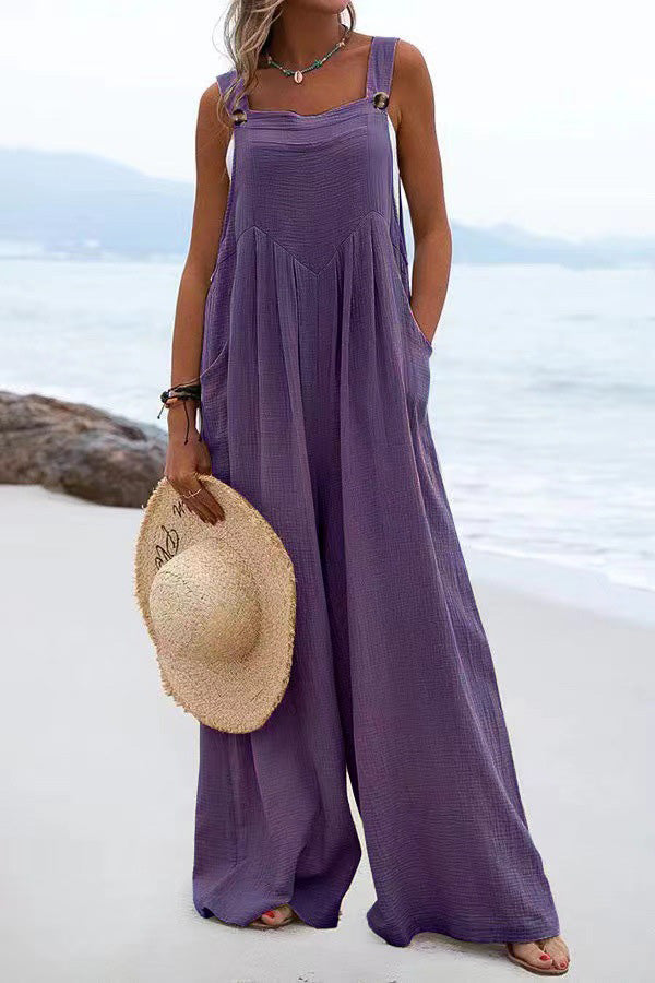 Stunncal Ethnic Button Suspender Wide Leg Line Jumpsuit