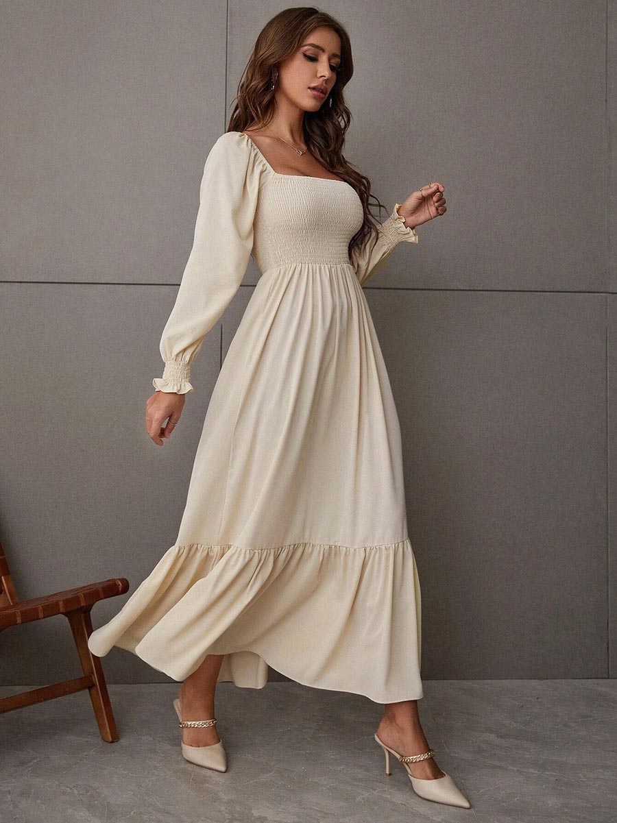 Stunncal Square Neck Long Sleeve Ruffle High Waist Dress (5 colors)