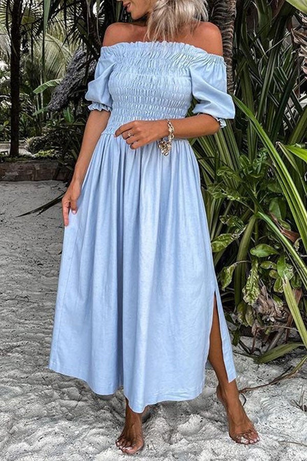 Stunncal Forever After All Smocked Off Shoulder Slit Dress