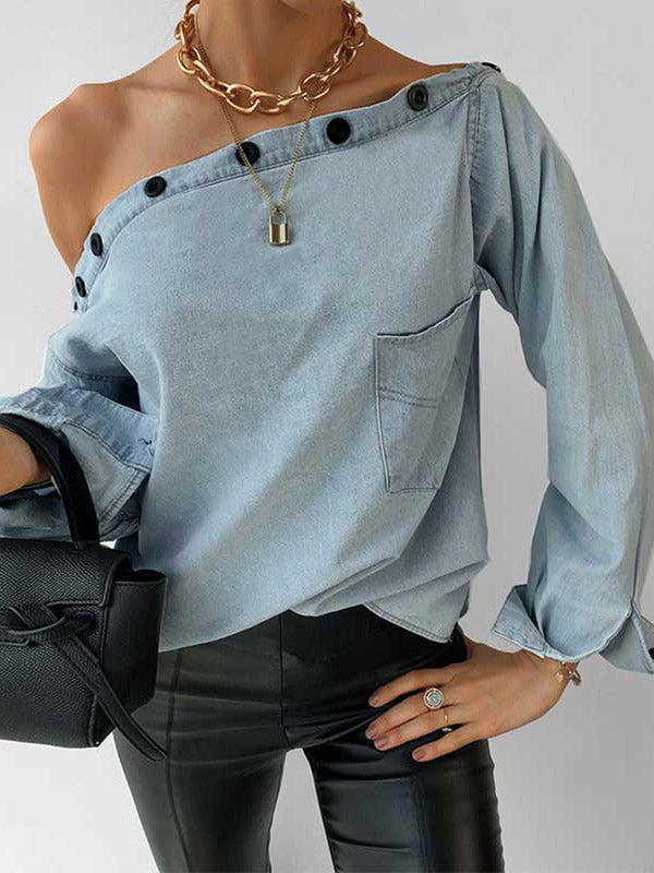 Stunncal Off-Shoulder Button Denim Shirt