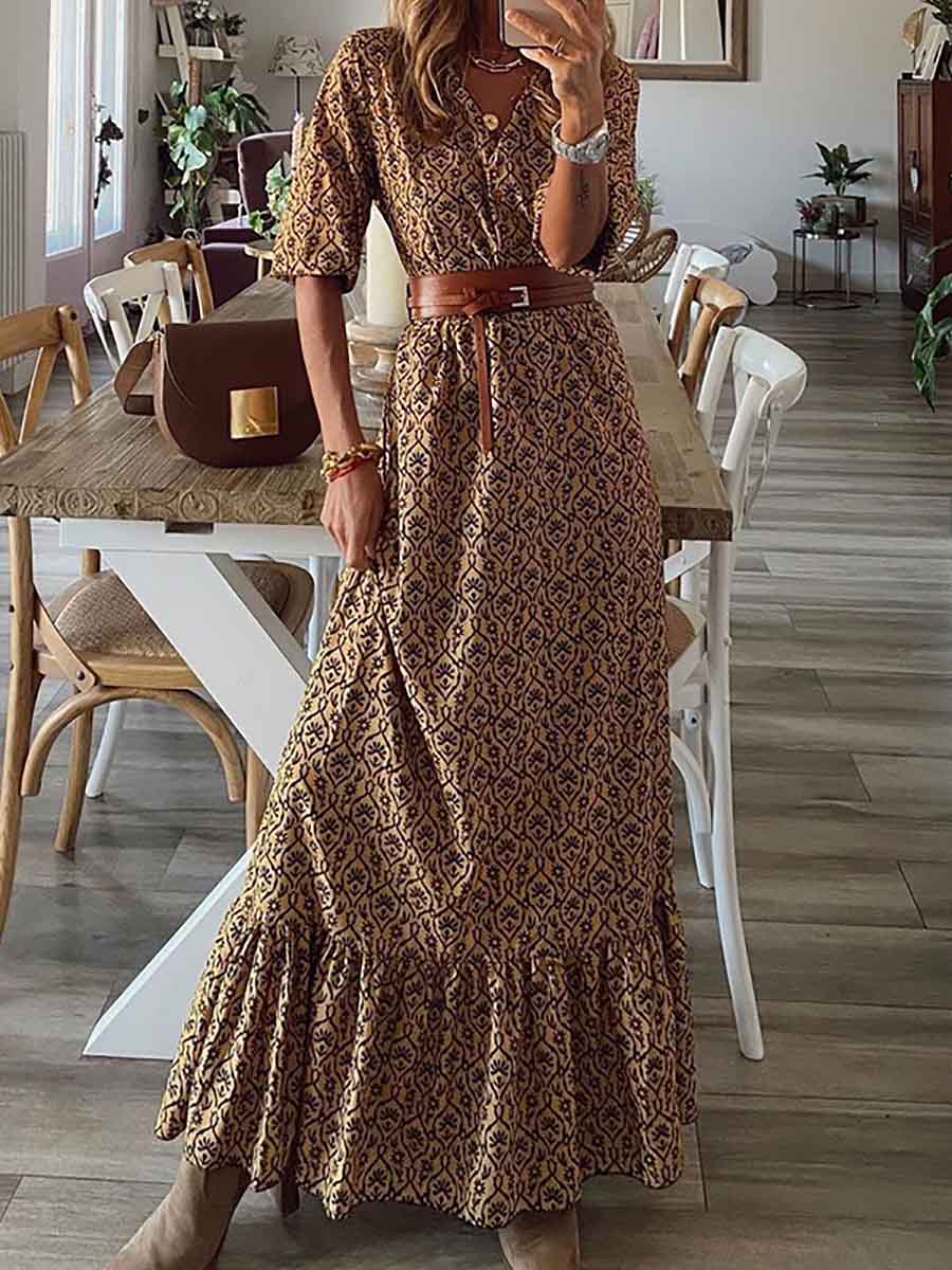 Stunncal Bohemian Print Short-Sleeved V-Neck Dress