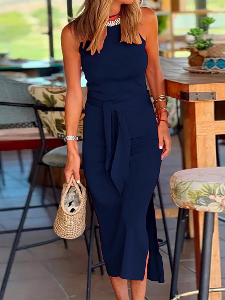 Stunncal Halter Sleeveless Tie Waist Side Split Dress