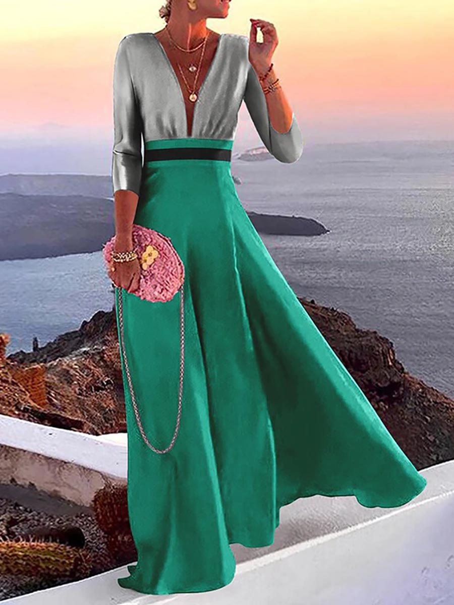 Stunncal Fashion Print Long Sleeve Plunge V Neck Color Block Dresses