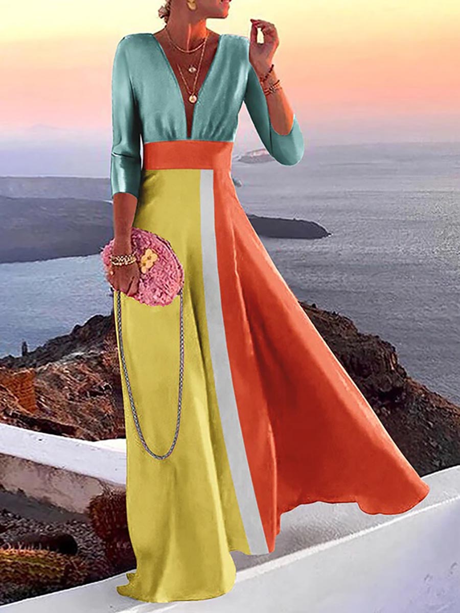 Stunncal Fashion Print Long Sleeve Plunge V Neck Color Block Dresses