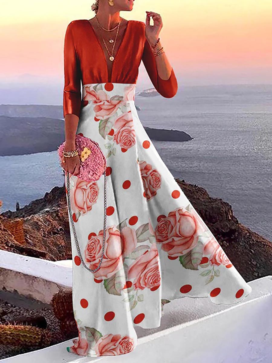 Stunncal Fashion Print Long Sleeve Plunge V Neck Color Block Dresses
