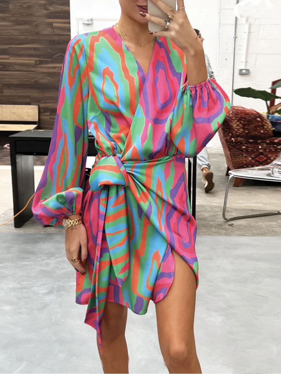 Stunncal Casual Print Split Joint V Neck Irregular Dresses