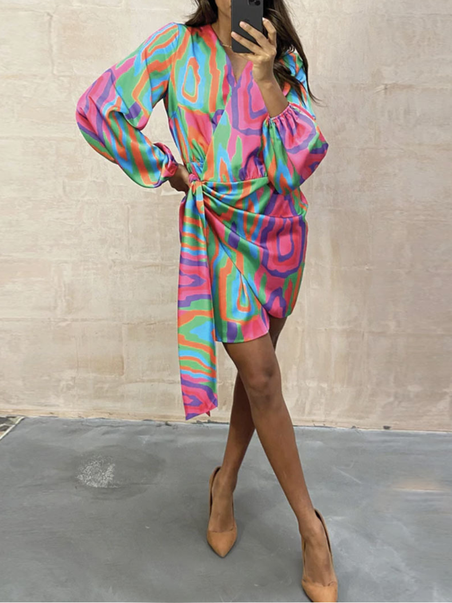 Stunncal Casual Print Split Joint V Neck Irregular Dresses