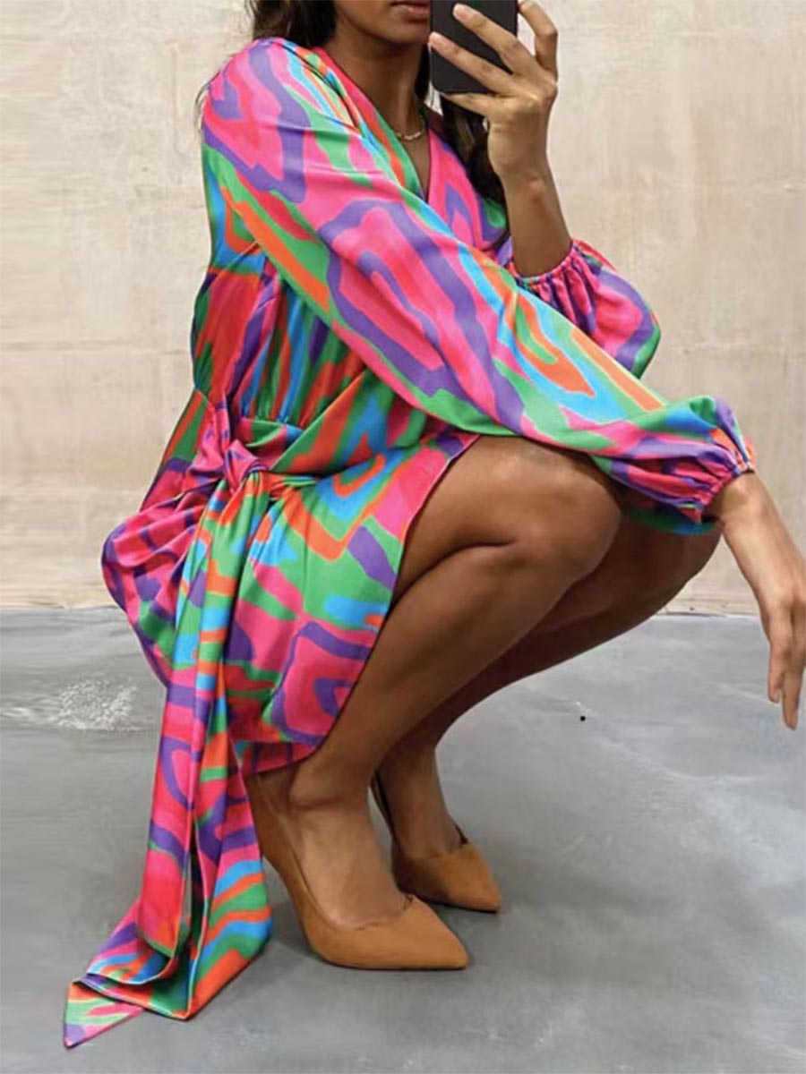 Stunncal Casual Print Split Joint V Neck Irregular Dresses