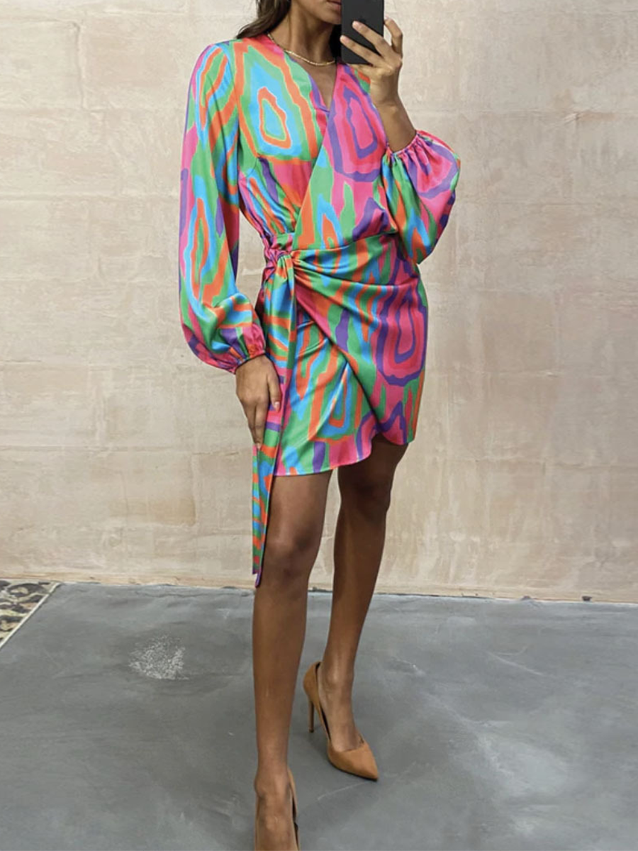 Stunncal Casual Print Split Joint V Neck Irregular Dresses