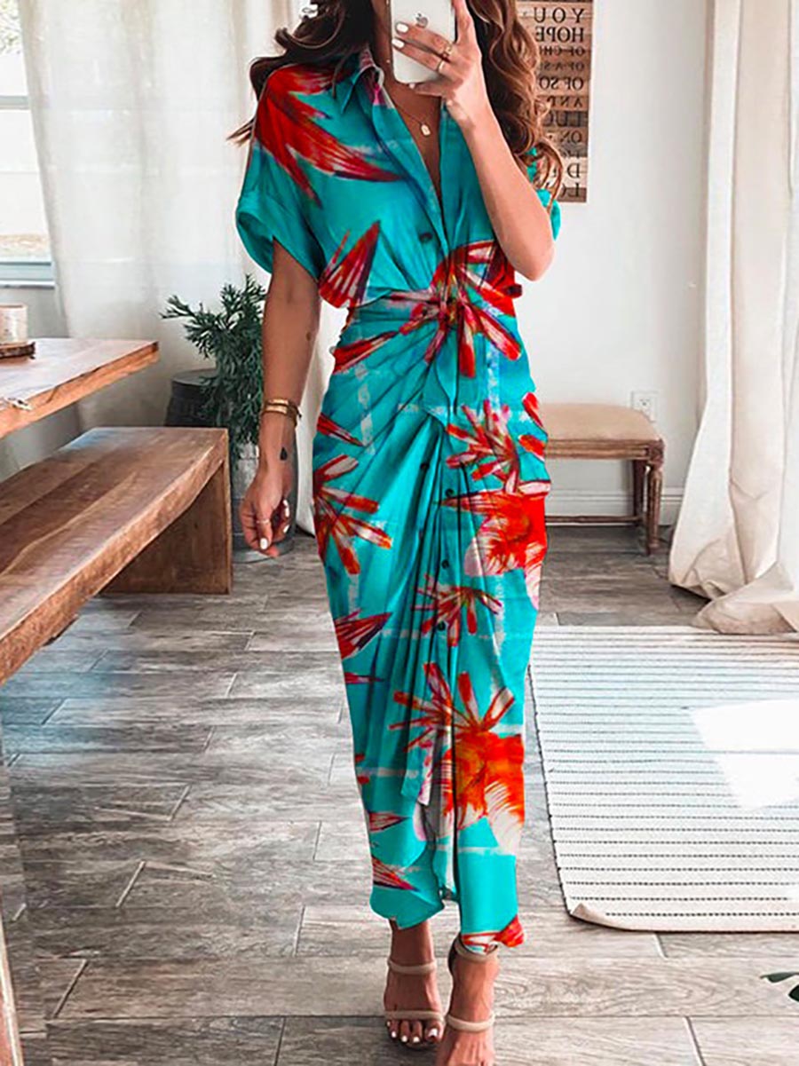 Stunncal Short Sleeve Tie Knot Waist Ruched Printed Dress