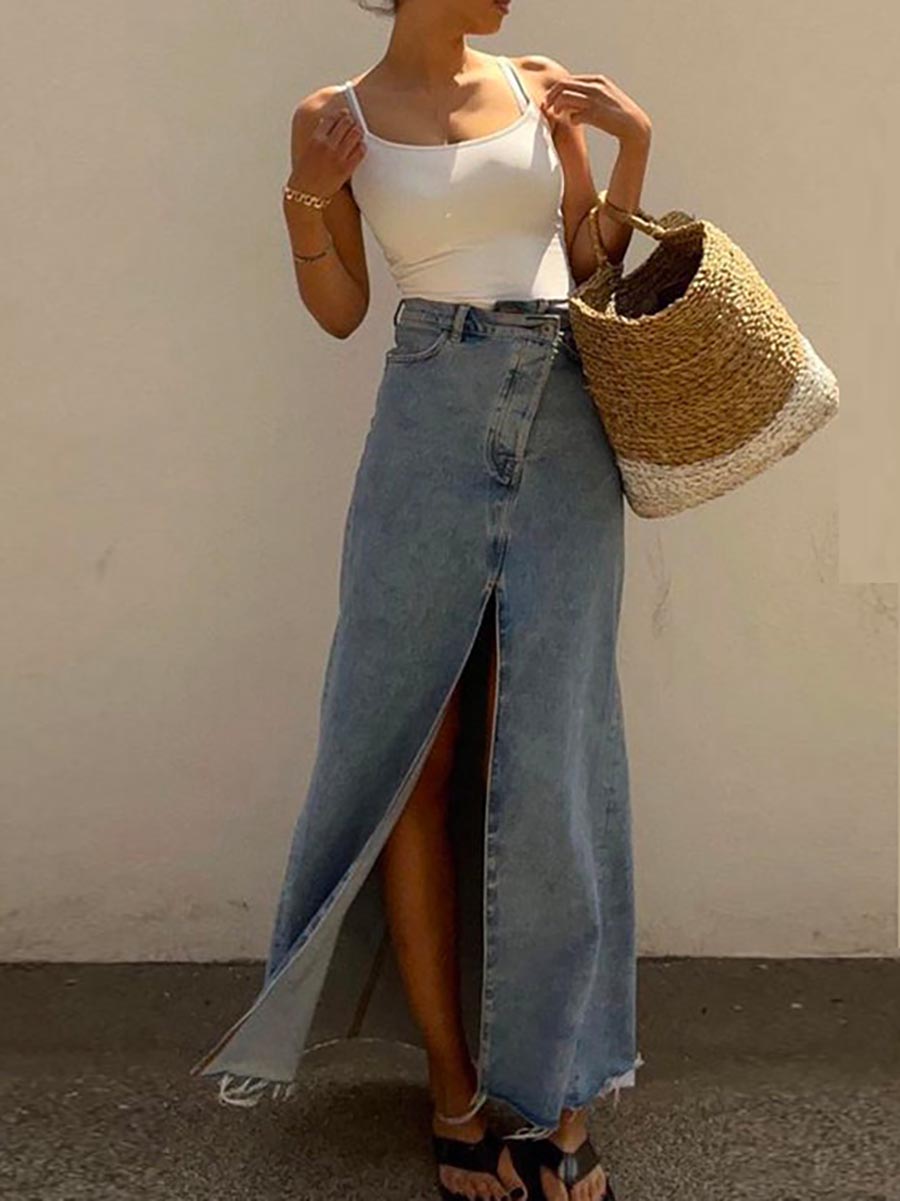 Stunncal Raw Hem High Slit Maxi Denim Skirt