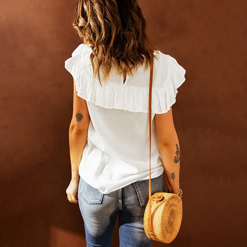 Stunncal Lace Ruffle Round Neck Top