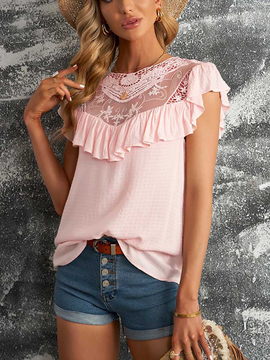 Stunncal Lace Ruffle Round Neck Top