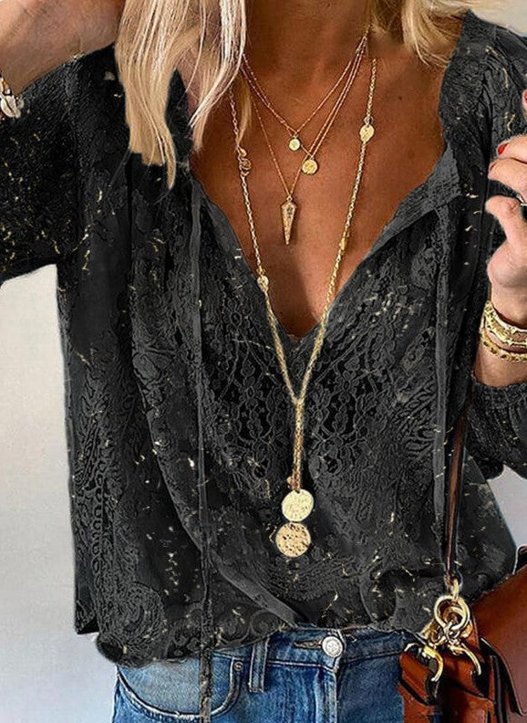 Stunncal Printed Solid Color Lace Shirt