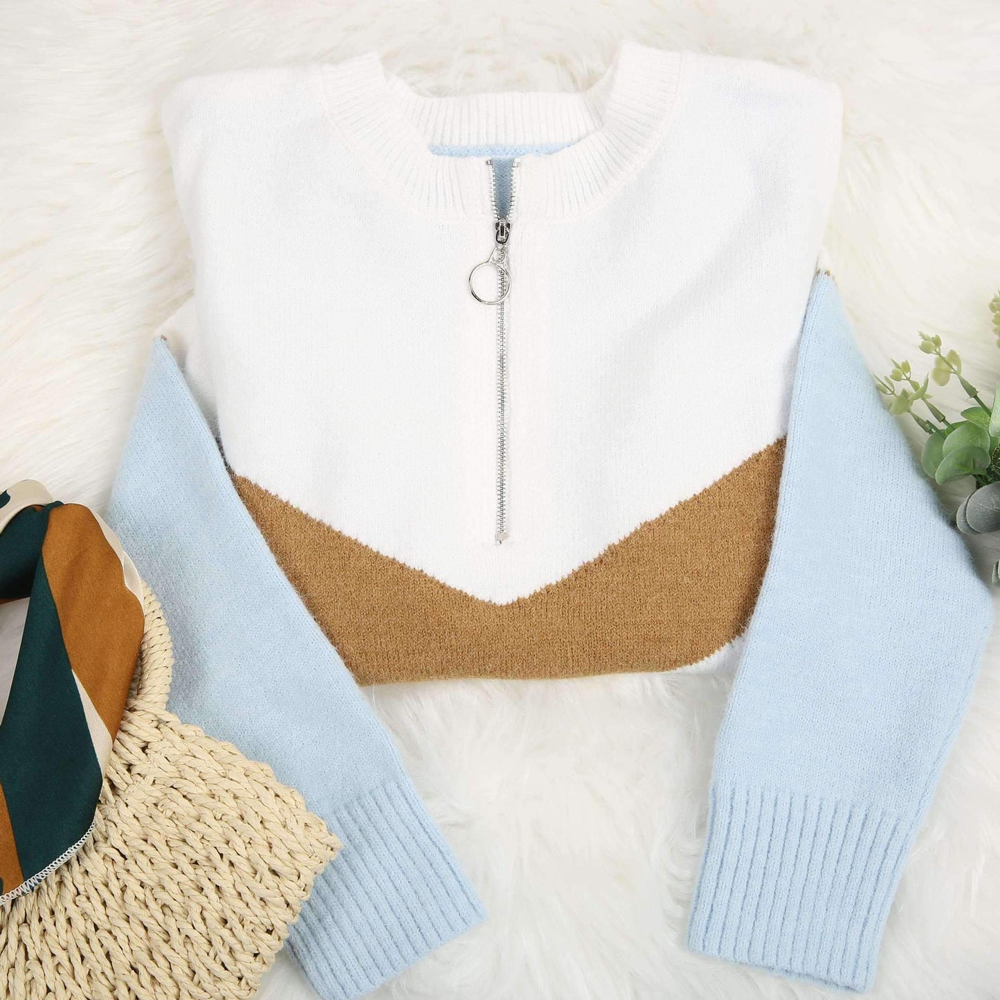 Stunncal Zipper V-Neck Colorful Sweater