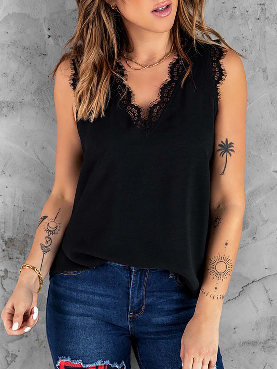 Stunncal Inside And Outside Lace Sleeveless Loose Tops(5 colors)