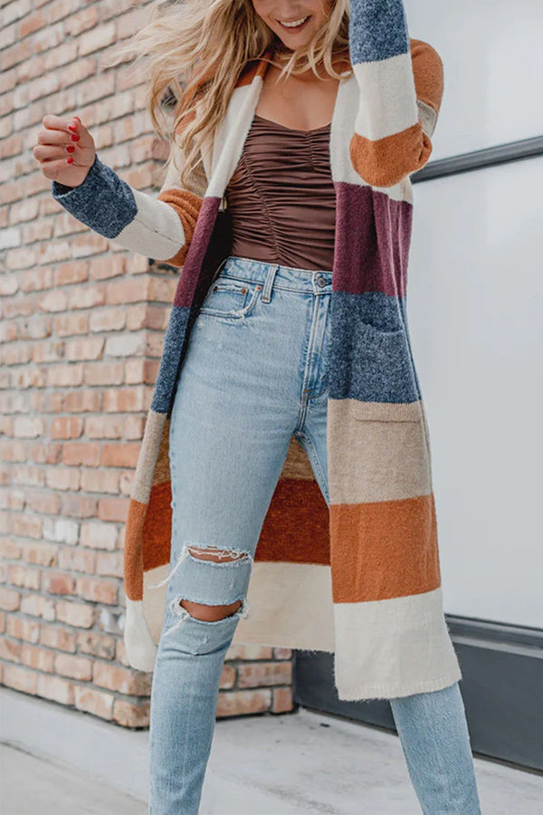 Stunncal Multicolor Knitted Color Block Open Front Long Cardigan