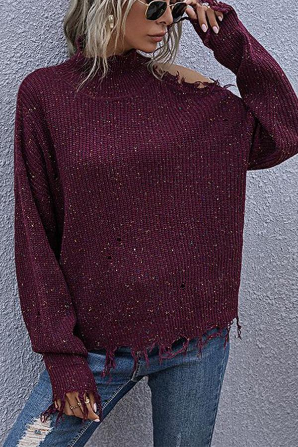 Stunncal Loose Off-shoulder Ripped Long-sleeved High-neck Knitted Sweater