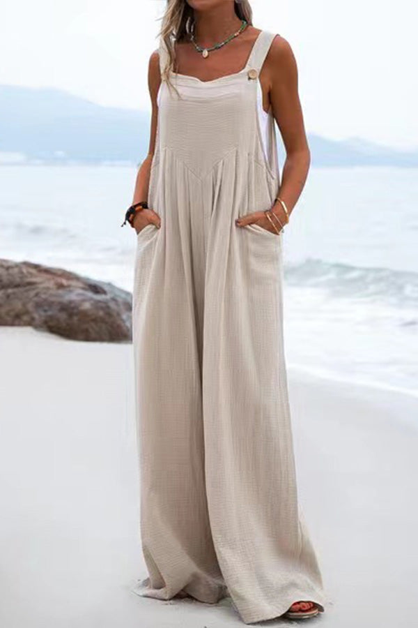 Stunncal Ethnic Button Suspender Wide Leg Line Jumpsuit