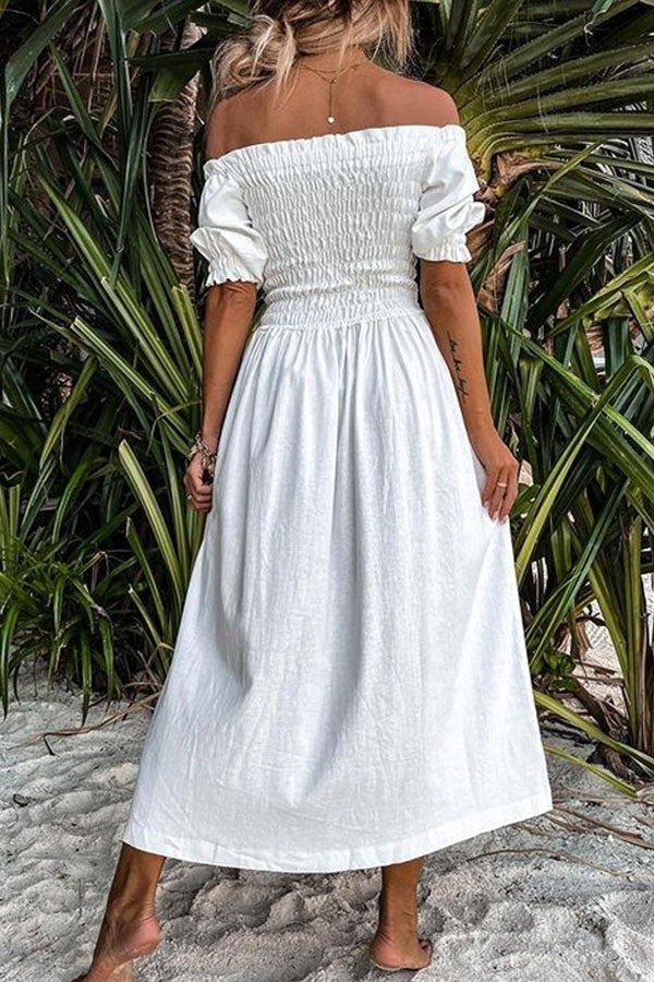 Stunncal Forever After All Smocked Off Shoulder Slit Dress
