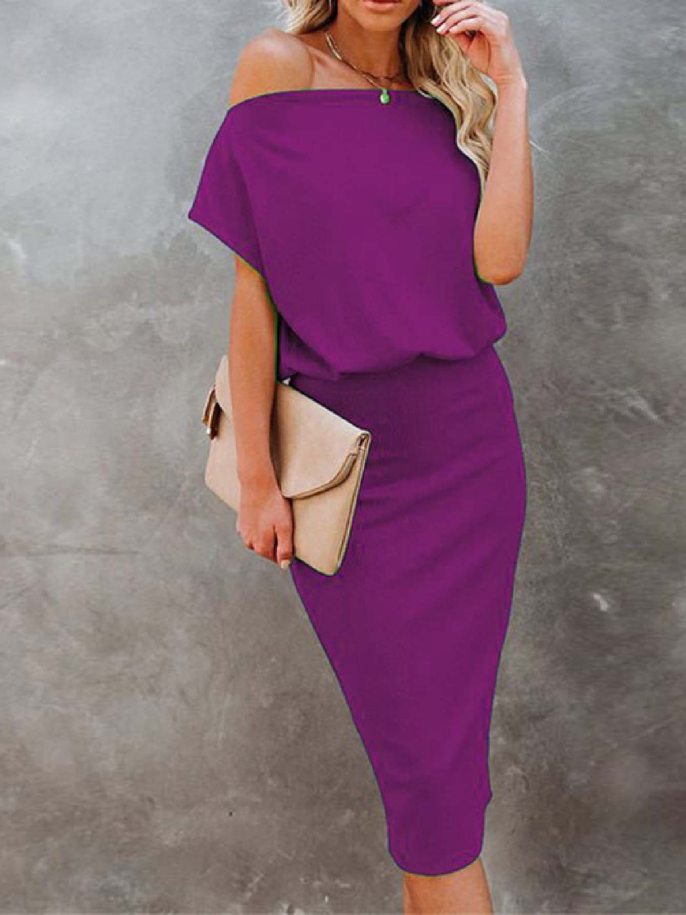 Stunncal Cold Shoulder Plain Half Sleeve Pencil Dress(8 Colors)