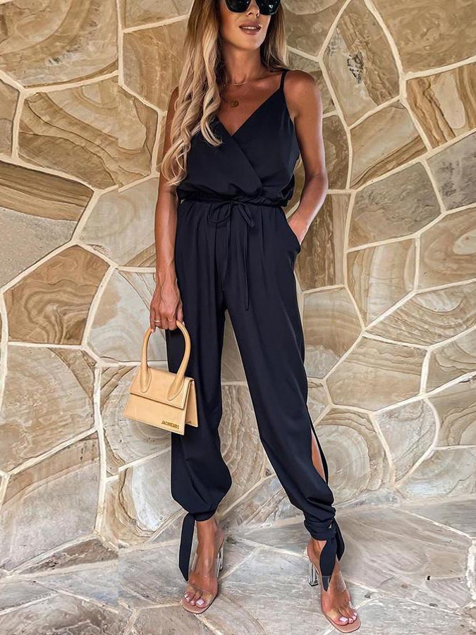 Stunncal Pocketed Satin Wrap Jumpsuit