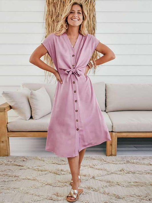 Stunncal Button V-Neck Strap Dress