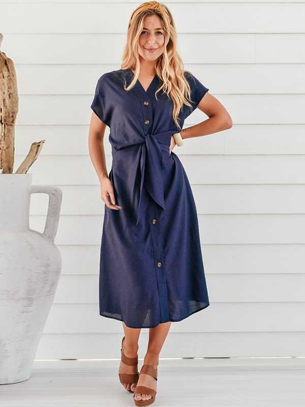 Stunncal Button V-Neck Strap Dress