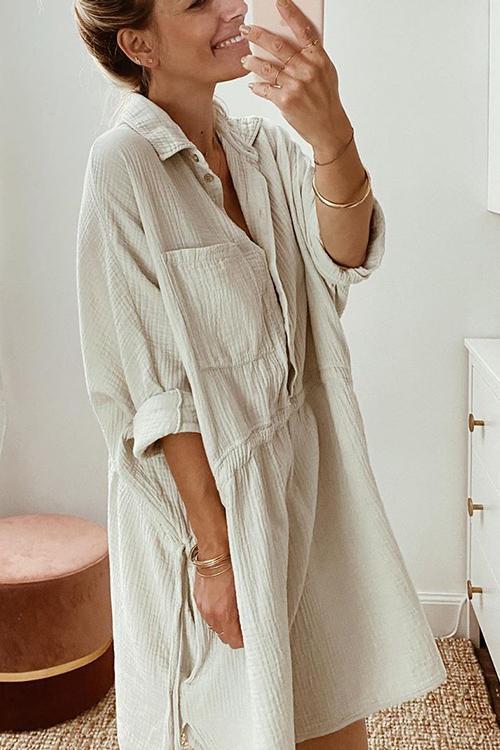 Stunncal Button Pockets Drawstring Waist Dress