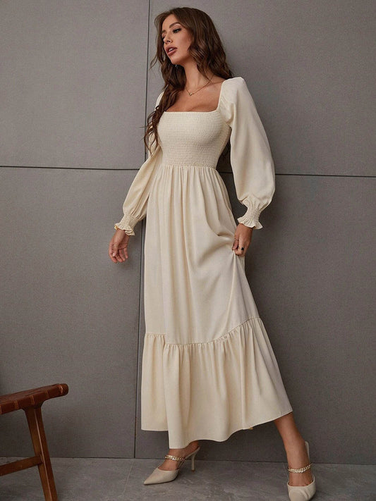Stunncal Square Neck Long Sleeve Ruffle High Waist Dress (5 colors)