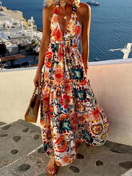 Stunncal Sexy Vacation Print Backless Printing Halter Beach Dresses