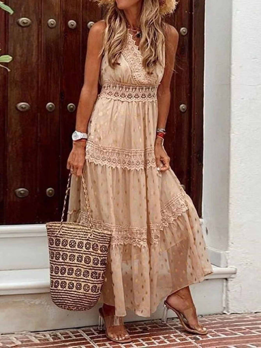 Stunncal Stylish PolkaDots Print Lace V-Neck Maxi Dress