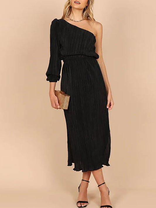 Stunncal One-Shoulder Slash Neck Solid Color Party Dress(3 Colors)
