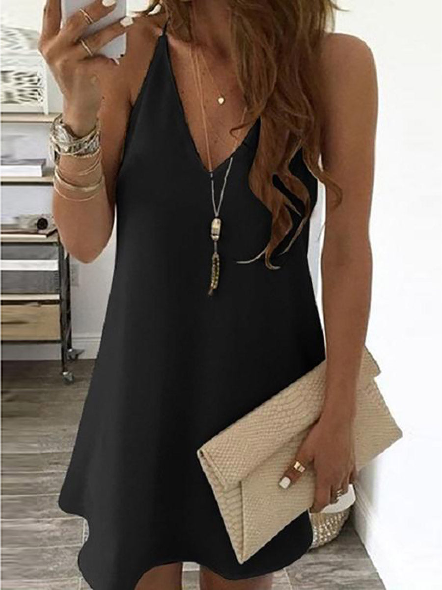 Stunncal Solid V Neck Sleeveless Mini Dress